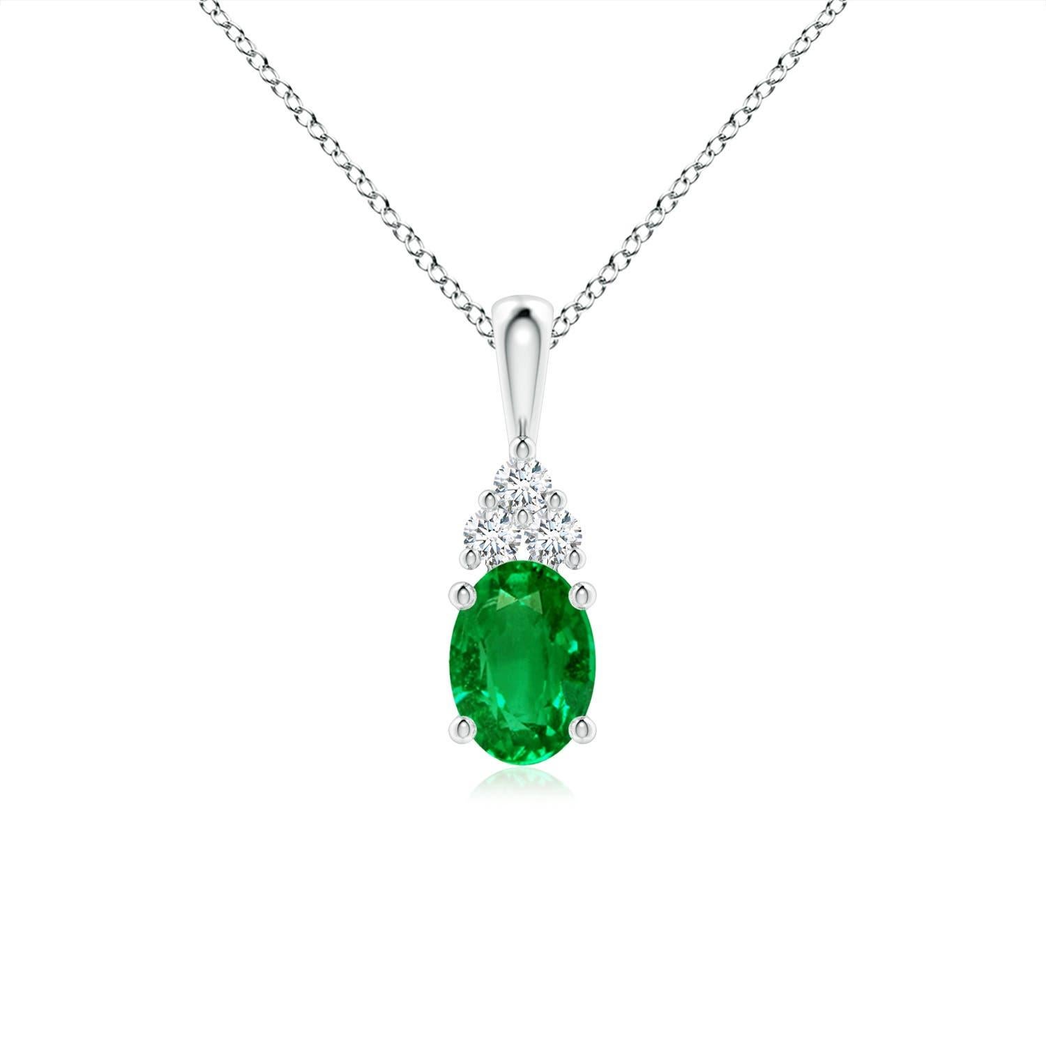 Natural Emerald Solitaire Pendant with Diamond in White Gold Size-7x5mm