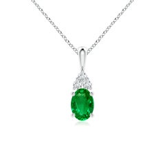 Natural Emerald Solitaire Pendant with Diamond in White Gold Size-7x5mm