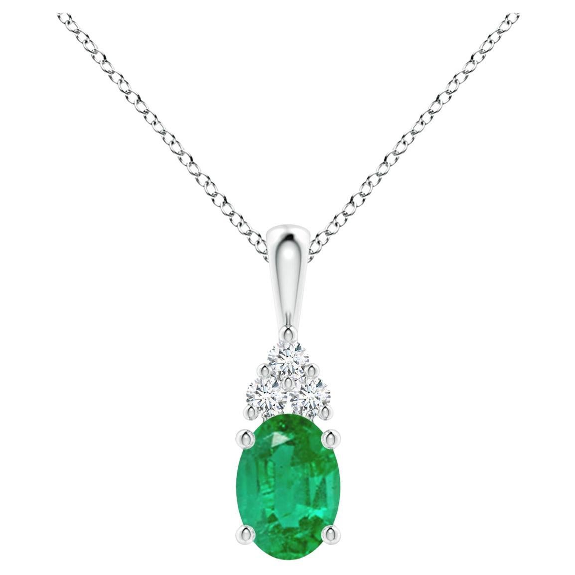 Natural Emerald Solitaire Pendant with Diamond in White Gold Size-7x5mm