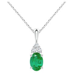 Natural Emerald Solitaire Pendant with Diamond in White Gold Size-7x5mm