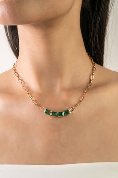 Natural Emerald Station Necklace with Paperclip Chain in 14K Yellow Gold 3.22 Ct