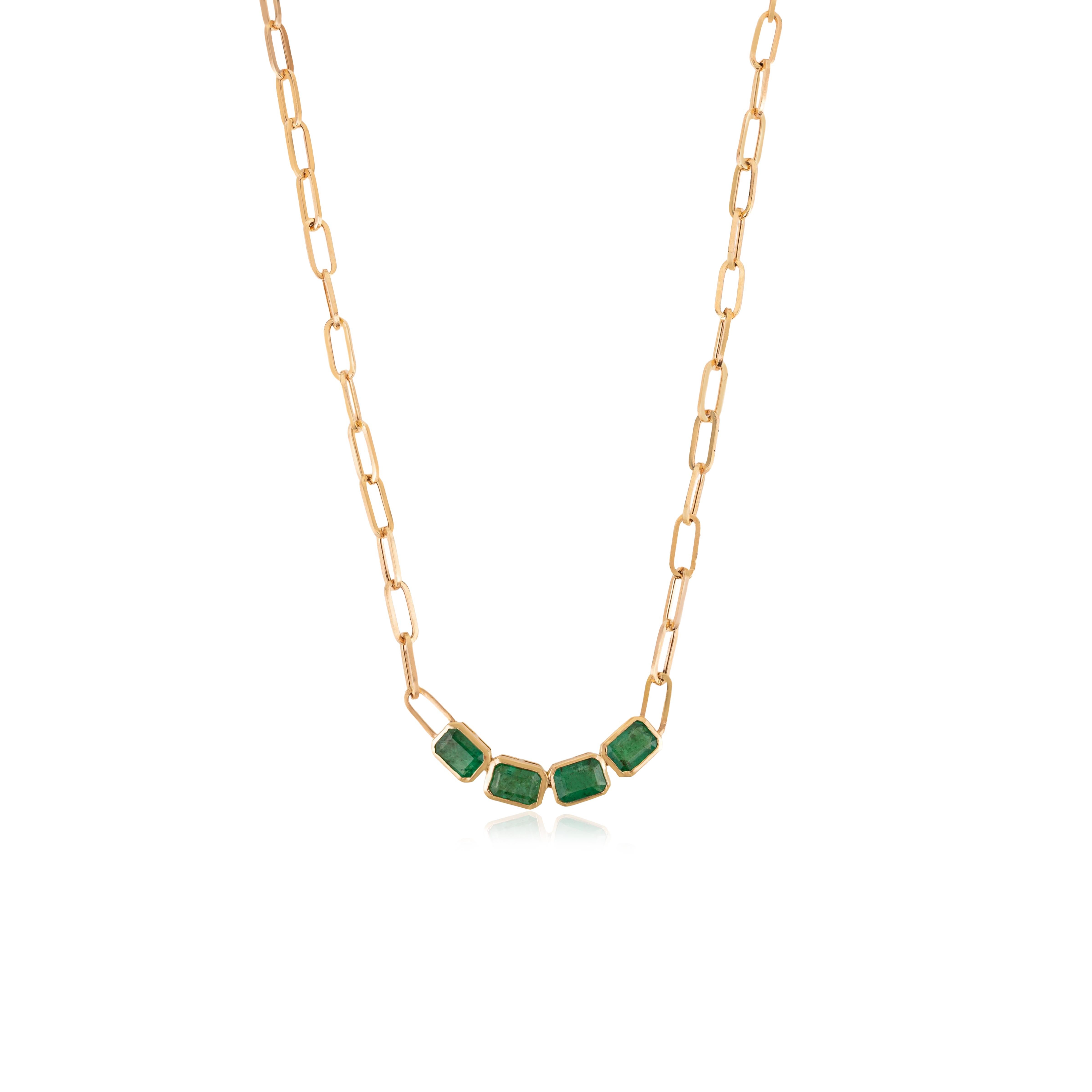 Natural Emerald Station Necklace with Paperclip Chain in 14K Yellow Gold 3.22 Ct For Sale