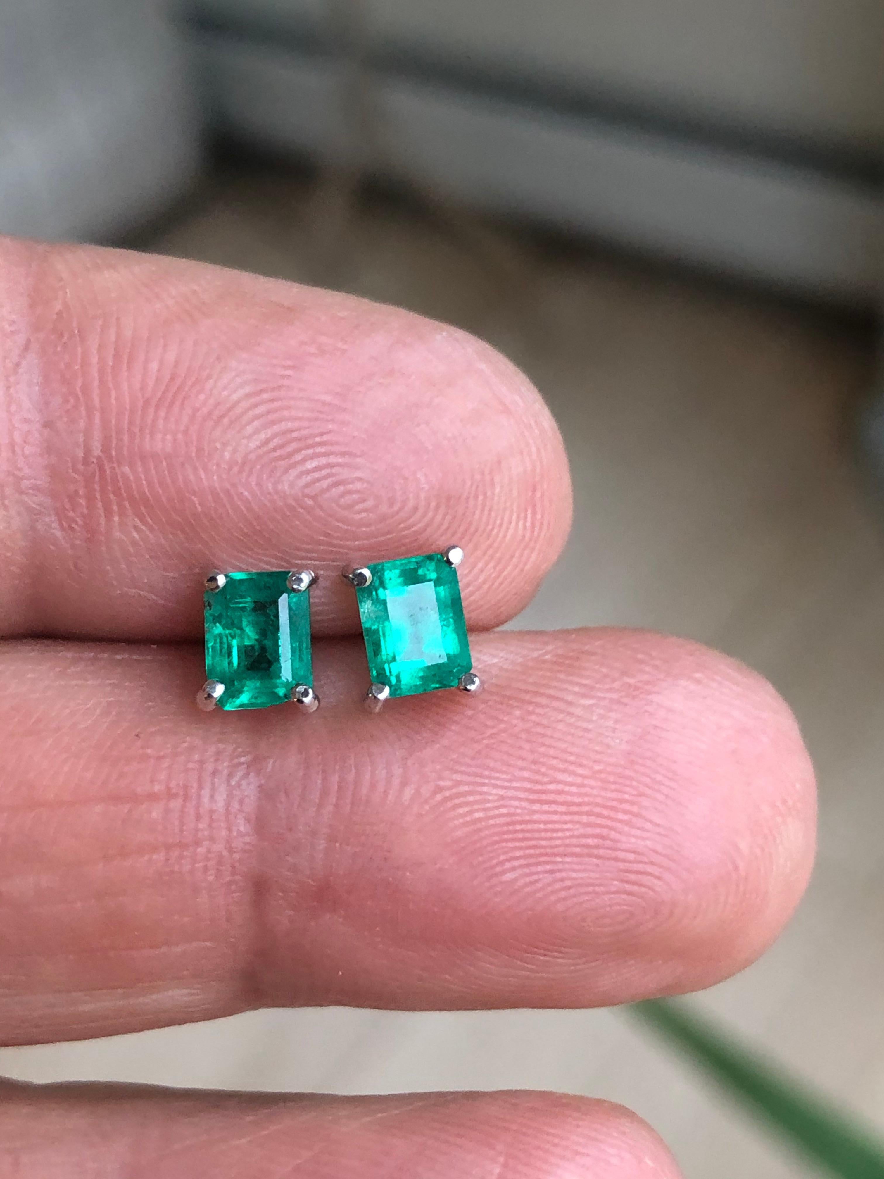 Contemporary Natural Emerald Stud Earrings 18 Karat White Gold