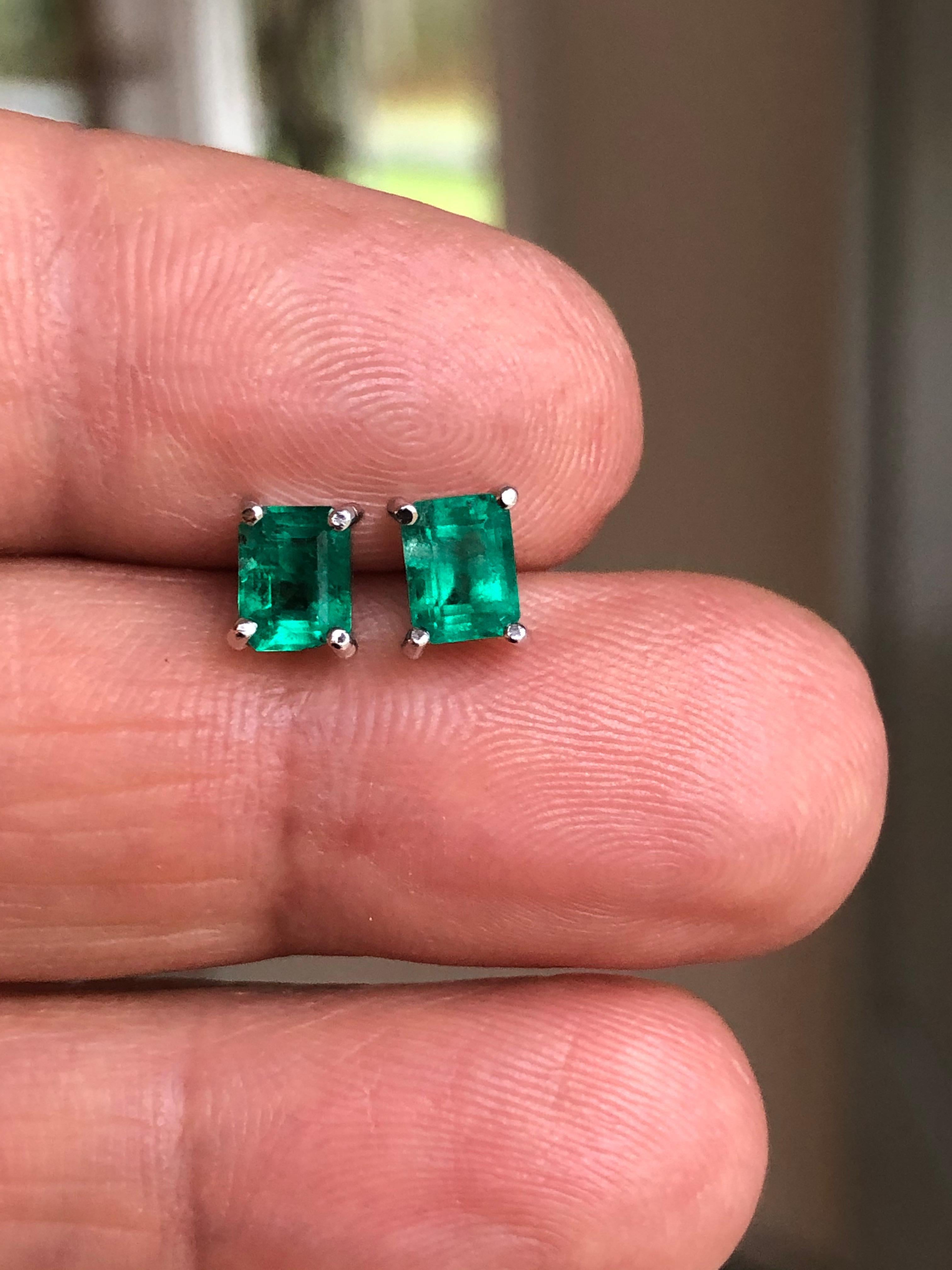 Emerald Cut Natural Emerald Stud Earrings 18 Karat White Gold