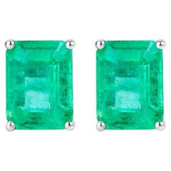 Natural Emerald Stud Earrings 2.74 Carats 14K White Gold