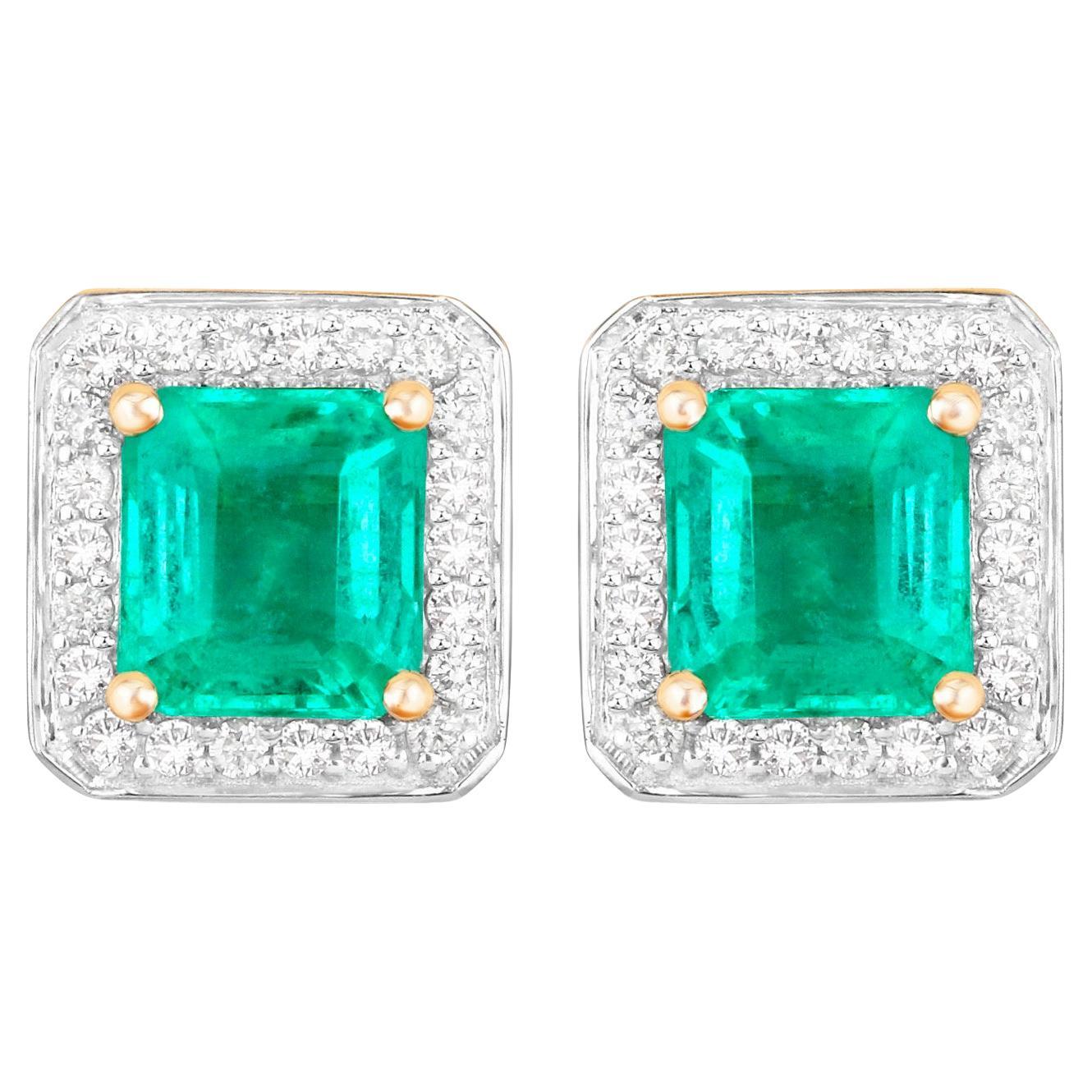 Natural Emerald Stud Earrings Diamonds 2.15 Carats 14K Yellow Gold For Sale