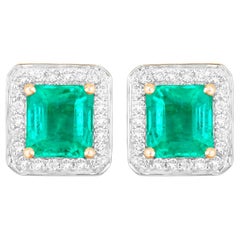 Natural Emerald Stud Earrings Diamonds 2.15 Carats 14K Yellow Gold