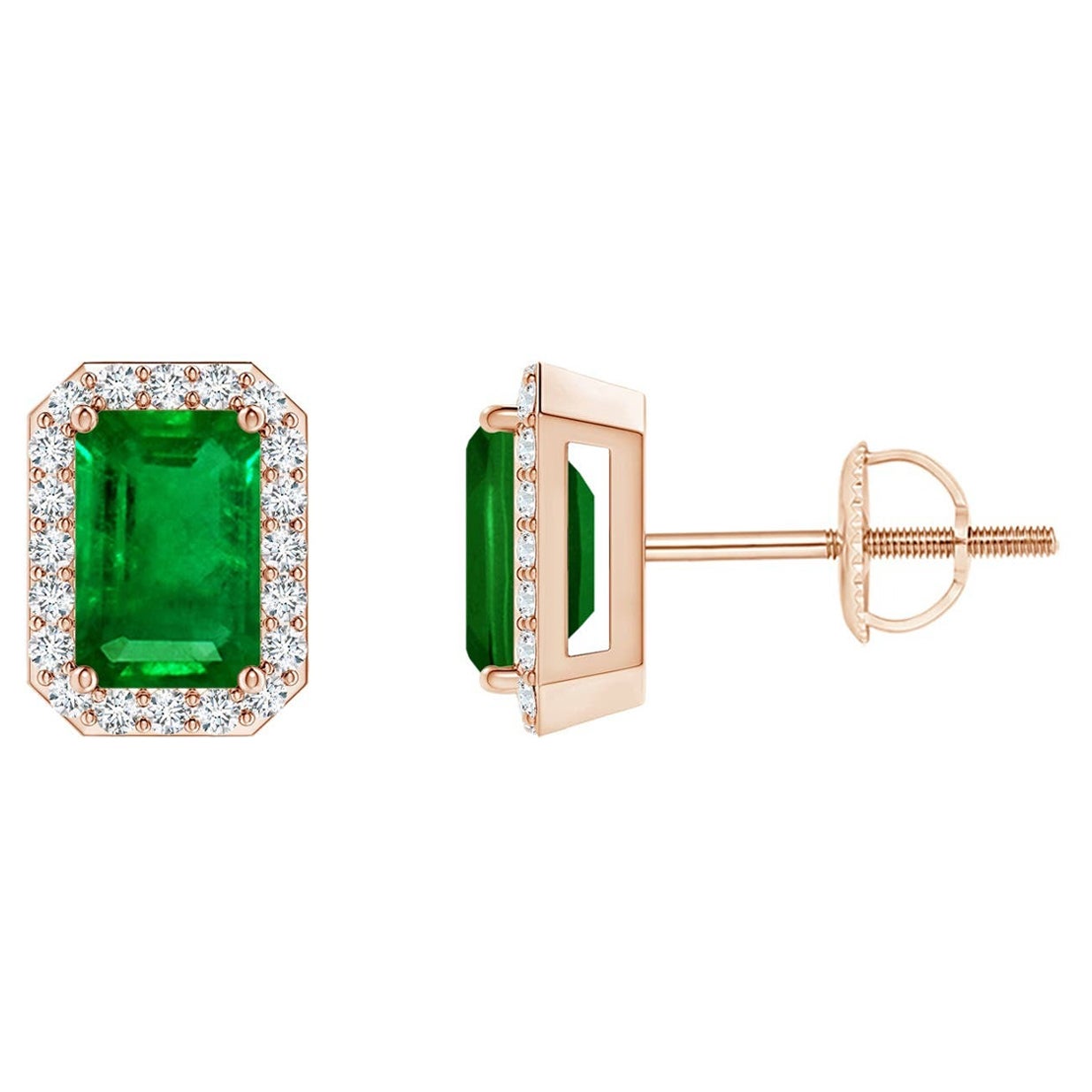 Orecchini con smeraldo naturale e diamante in oro rosa 14K (6x4mm) in vendita
