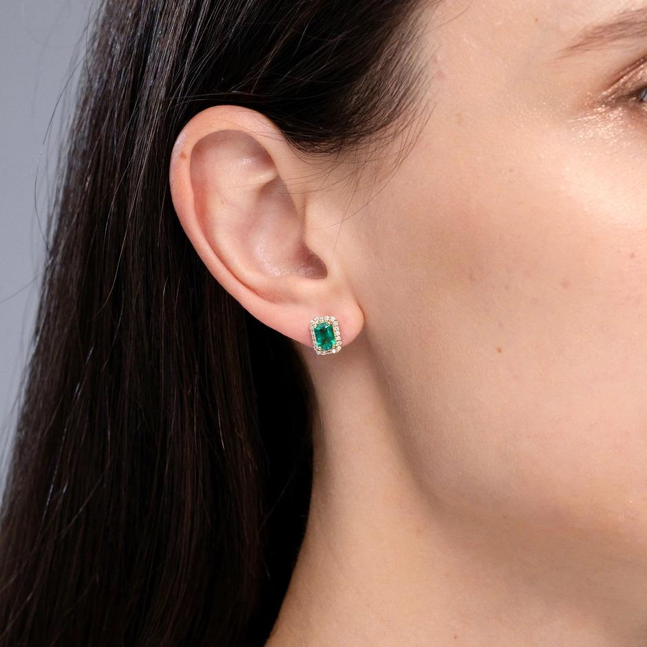 Emerald Cut Natural Emerald Stud Earrings with Diamond Halo in 14KWhite Gold (6x4mm) For Sale