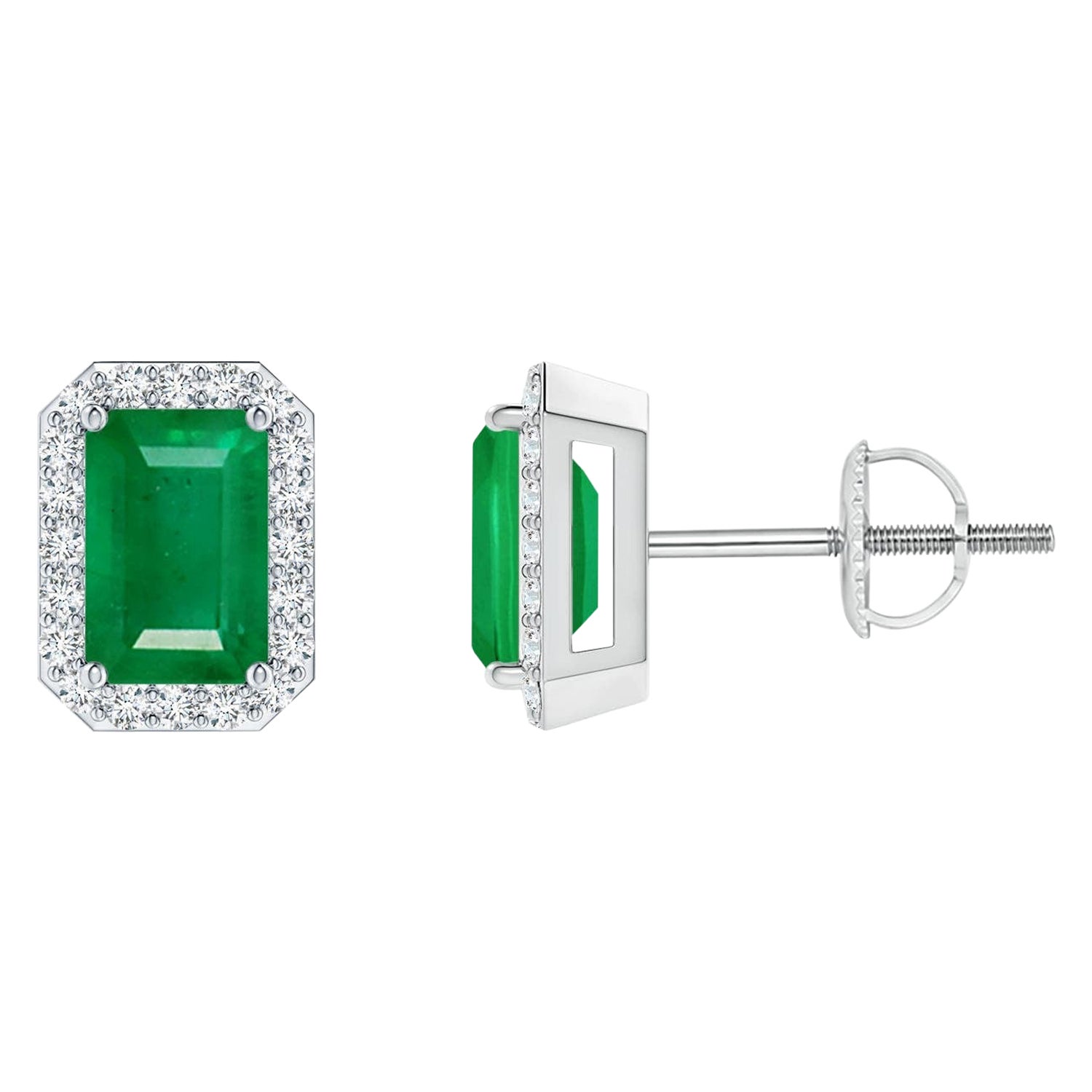 Orecchini con smeraldo naturale e diamante aureolato in platino (6x4 mm)