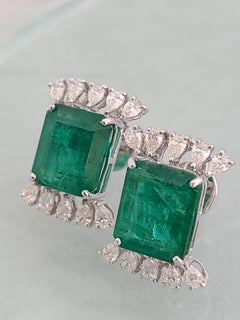 Natural Emerald Studs in 18 Karat Gold with Pear Cut Diamonds