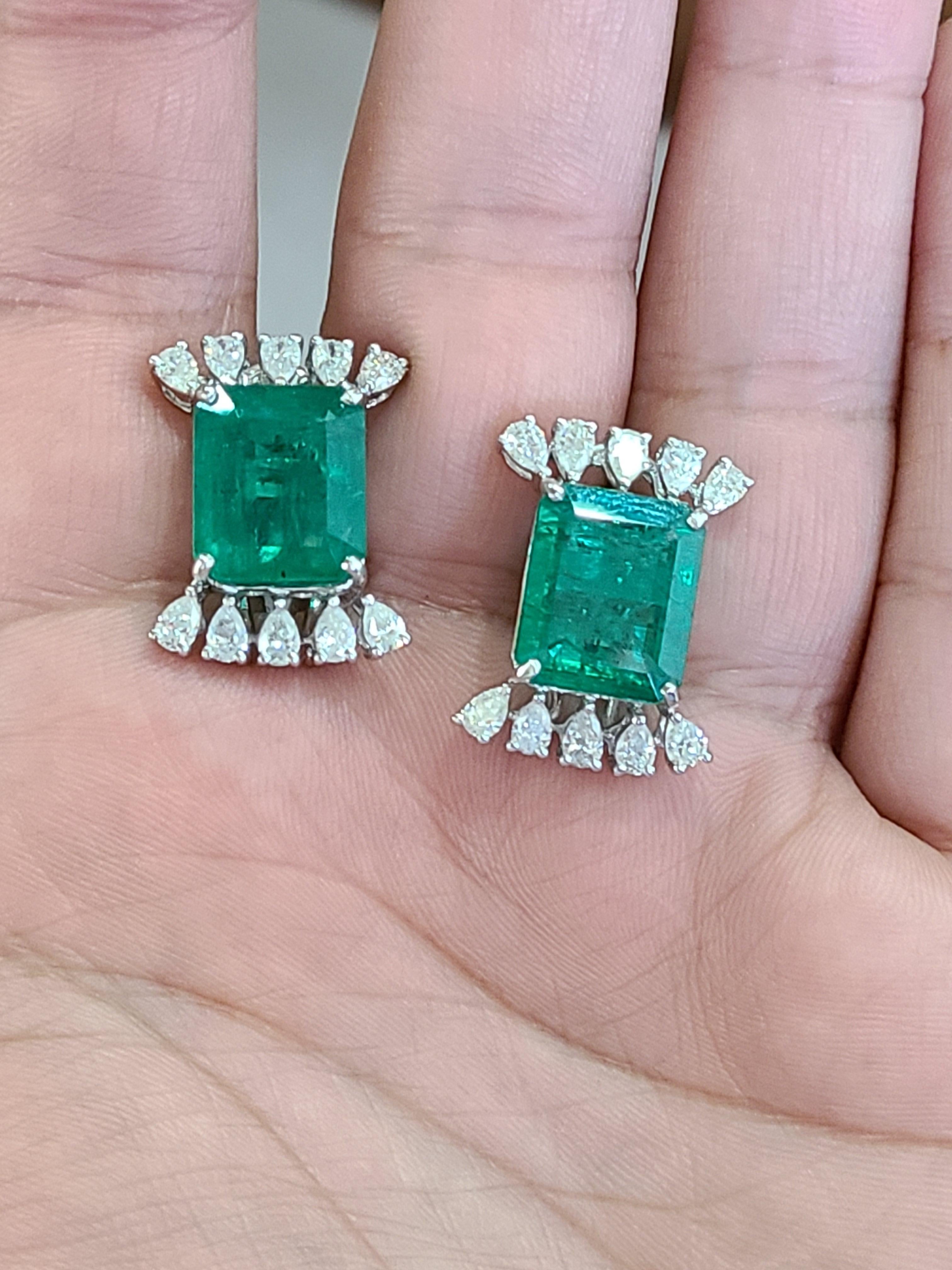 Emerald Cut Natural Emerald Studs in 18 Karat Gold with Pear Cut Diamonds