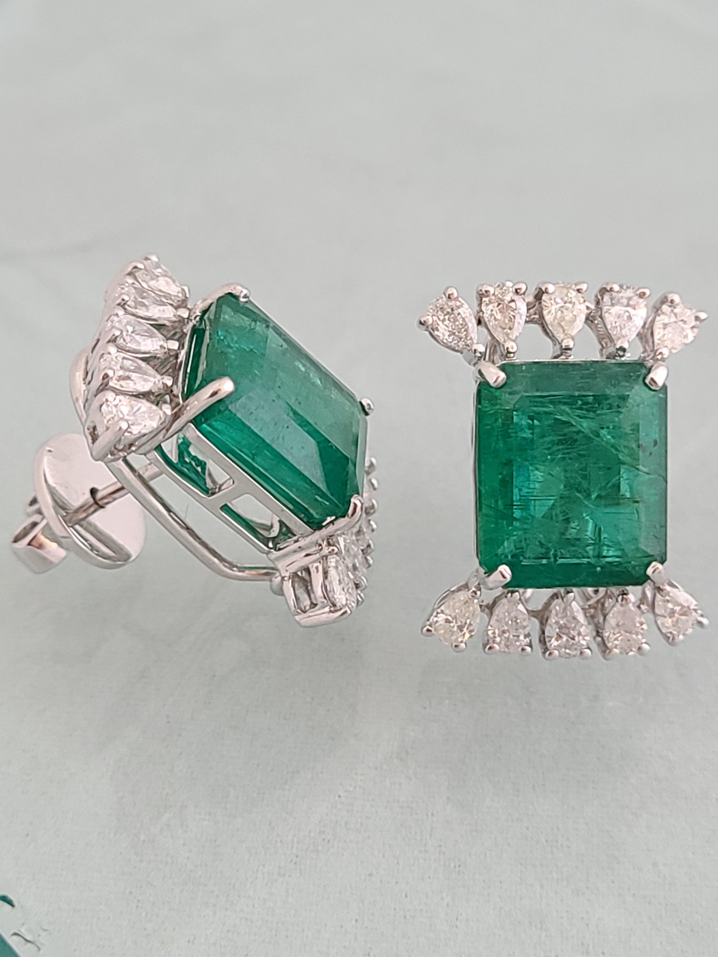 Natural Emerald Studs in 18 Karat Gold with Pear Cut Diamonds 1