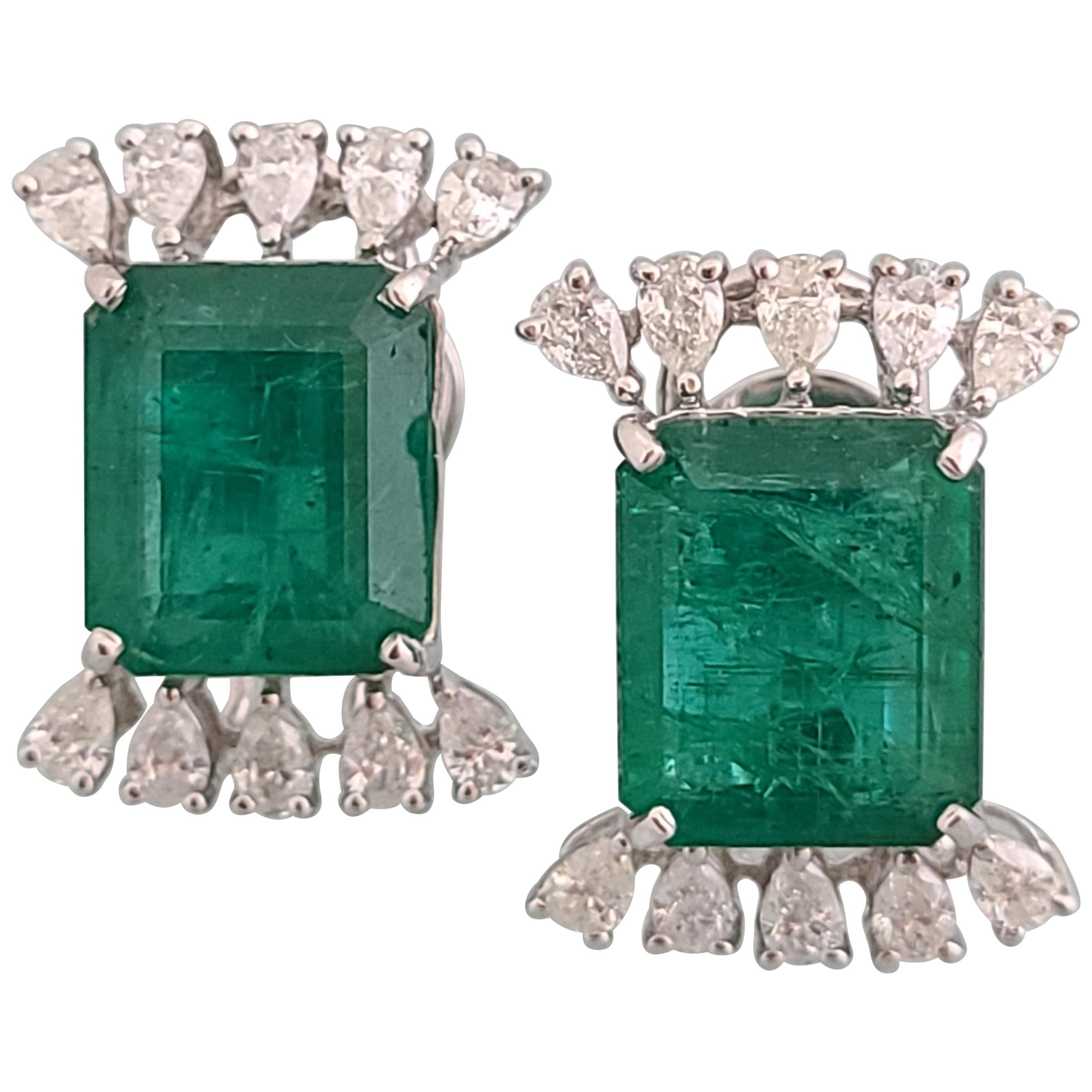 Natural Emerald Studs in 18 Karat Gold with Pear Cut Diamonds