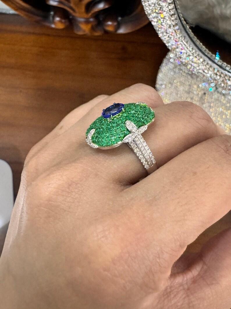 Contemporary Natural Emerald tanzanite art deco jewelry 18k white gold ring
