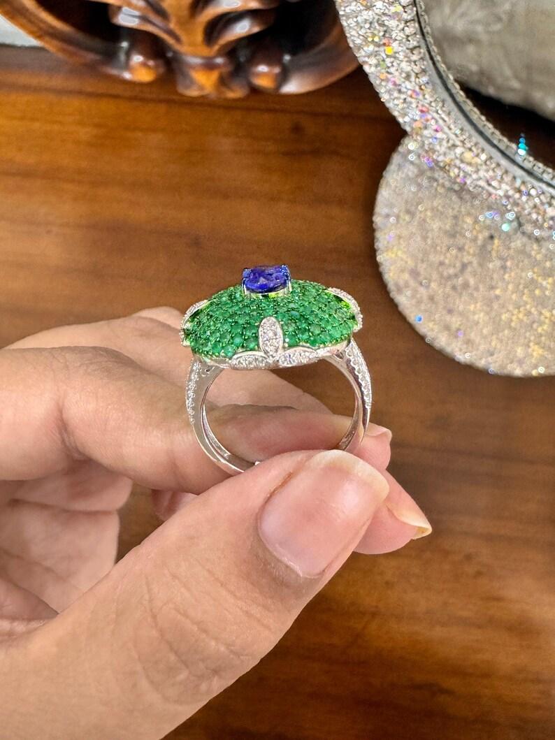 Women's Natural Emerald tanzanite art deco jewelry 18k white gold ring