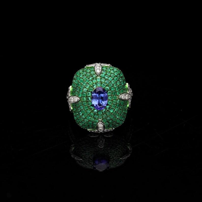 Natural Emerald tanzanite art deco jewelry 18k white gold ring 1