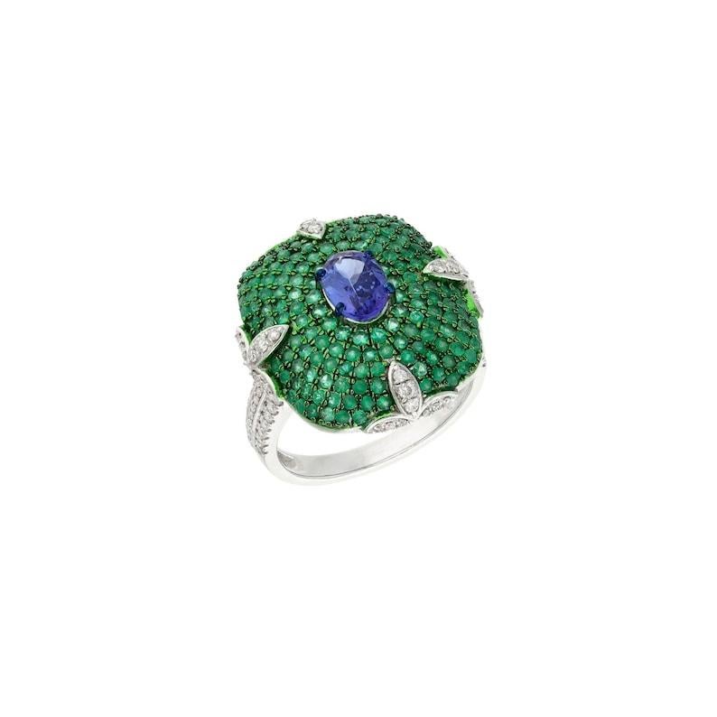 Natural Emerald tanzanite art deco jewelry 18k white gold ring 2