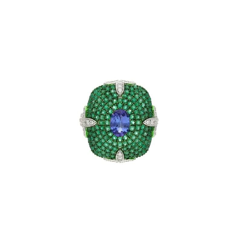 Natural Emerald tanzanite art deco jewelry 18k white gold ring 3