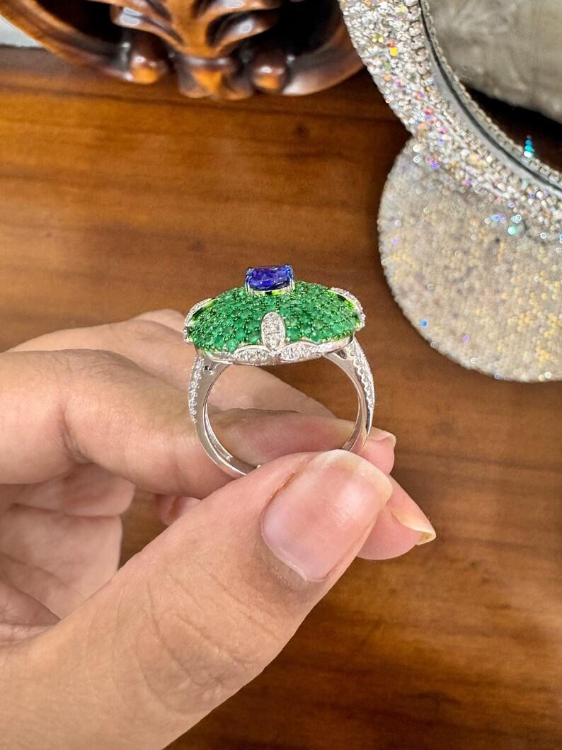 Natural Emerald tanzanite art deco jewelry 18k white gold ring 4