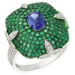 Natural Emerald tanzanite art deco jewelry 18k white gold ring