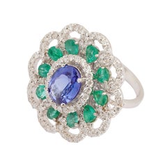Natural 1.21cts Emerald, 1.85cts Tanzanite & 2.30cts Diamond Ring in 18k Gold