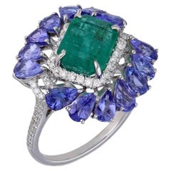 Anillo de diamantes esmeralda natural tanzanita en oro de 18k