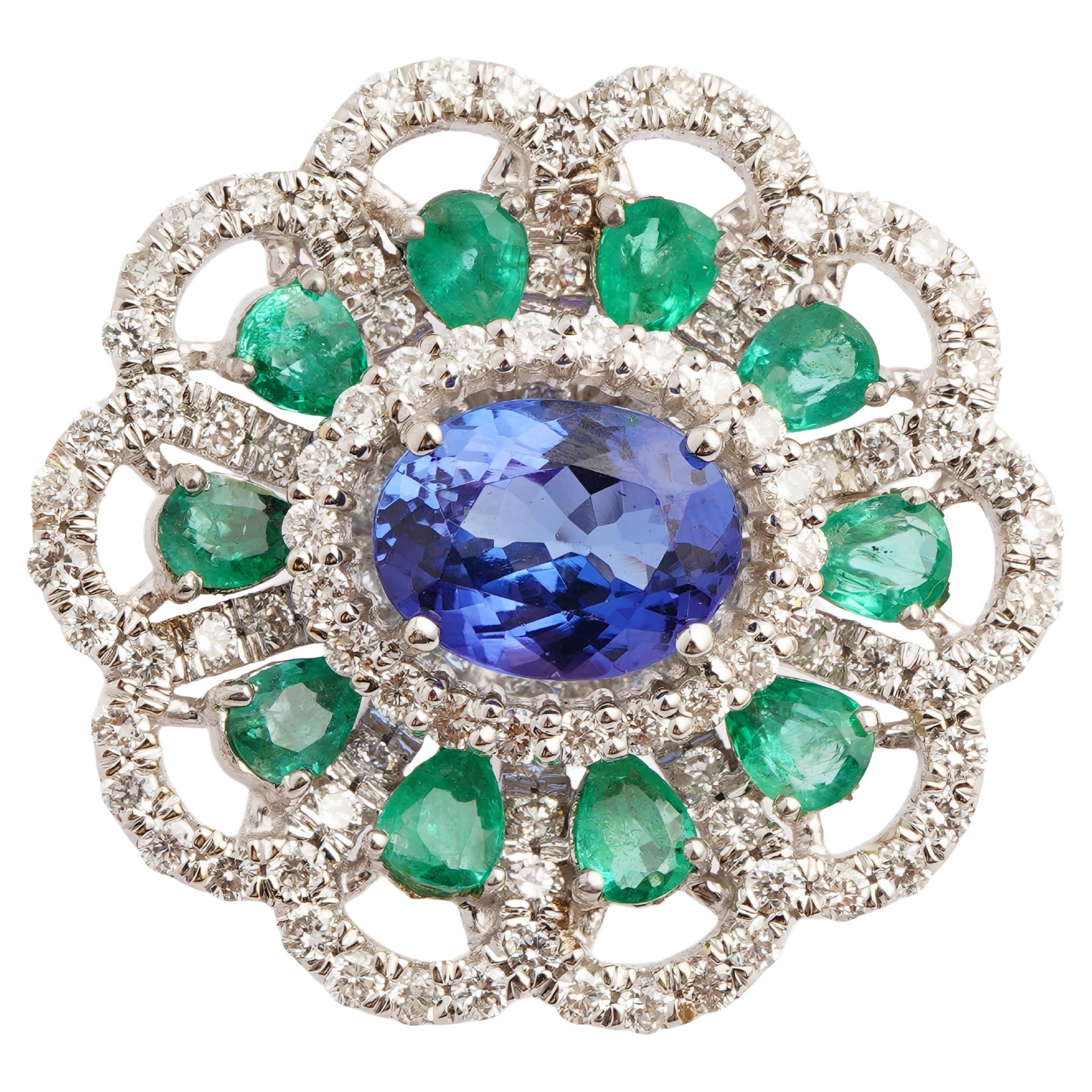 Natural emerald tanzanite diamond ring in 18k gold