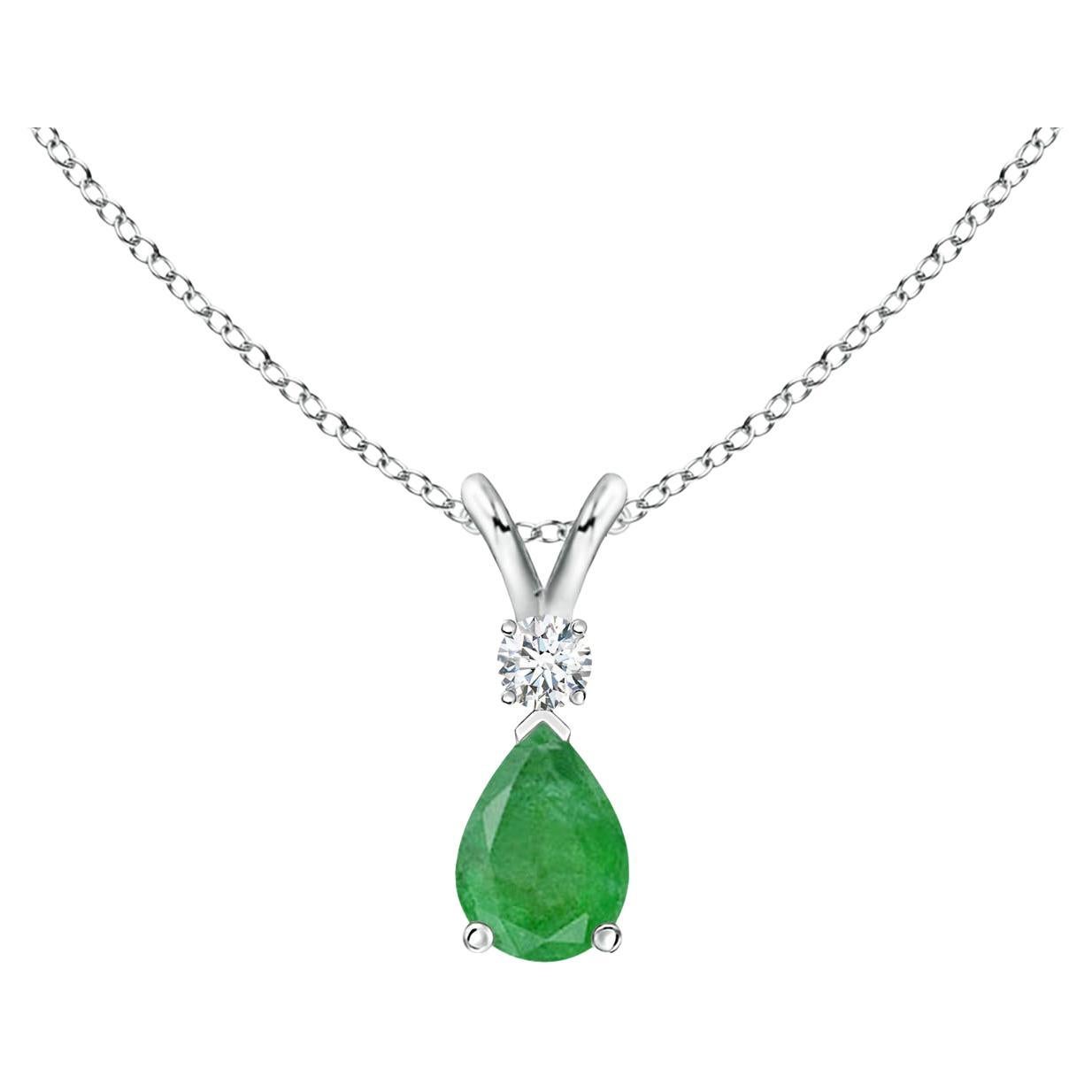 Natural Emerald Teardrop Pendant with Diamond in Platinum
