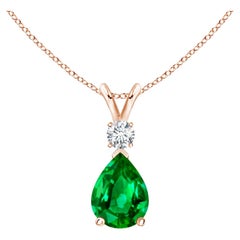 Natural Emerald Teardrop Pendant with Diamond in Rose Gold (Size-8x6mm)
