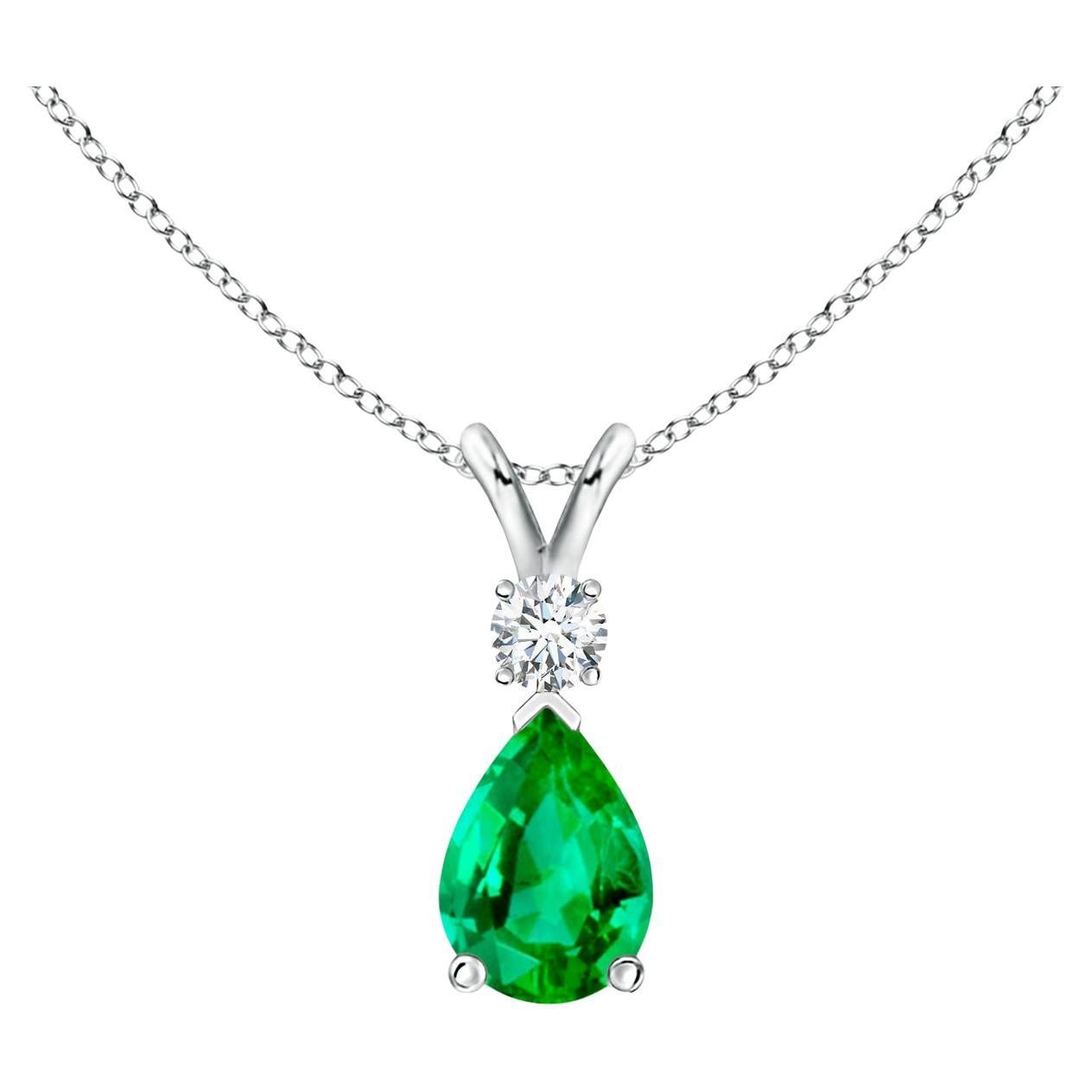 ANGARA Natural 0.60ct Emerald Teardrop Pendant with Diamond in White Gold For Sale