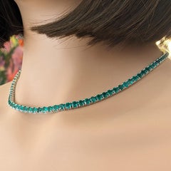 Natural Emerald Tennis Choker Necklace, 14k White Gold, 22.37ct