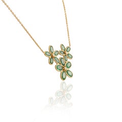 Natural Diamond Emerald Flower Necklace 18k Yellow Gold, Christmas Gifts For Her