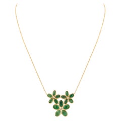 Natural Diamond Emerald Flower Necklace 18k Yellow Gold, Christmas Gifts For Her