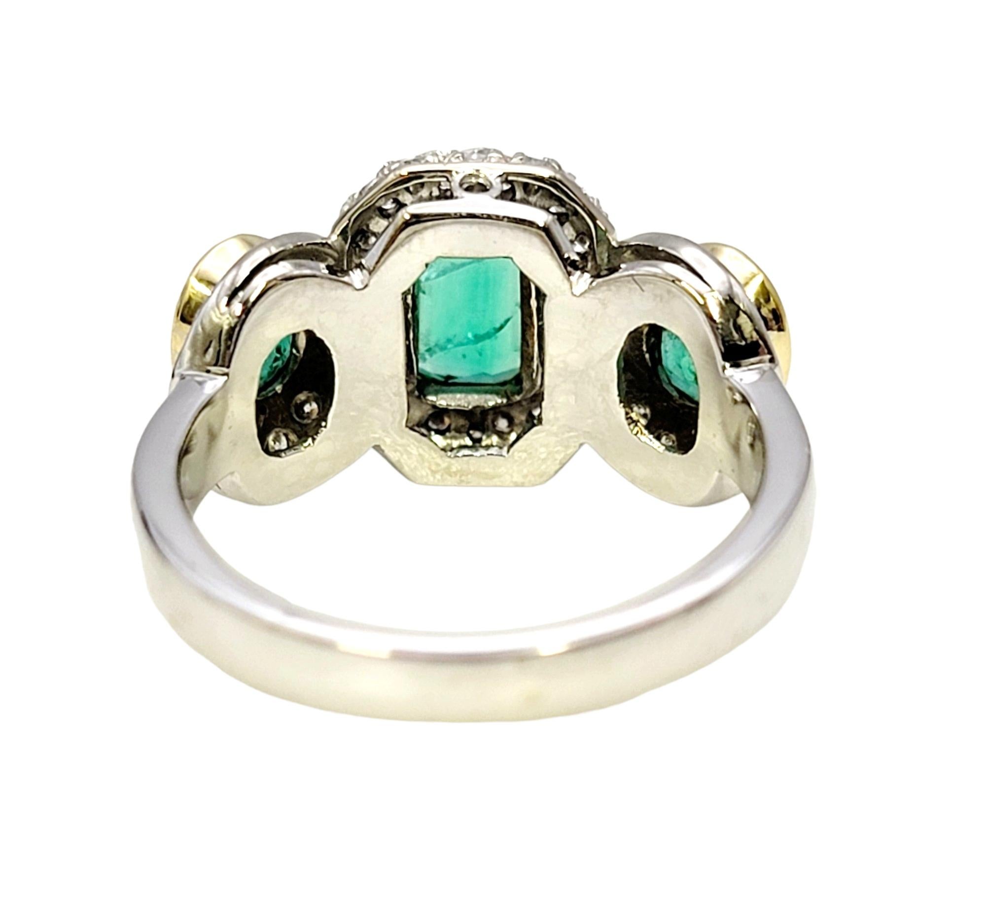 Natural Emerald Three Stone Ring with Pave Diamond Halos in 18 Karat Gold For Sale 4