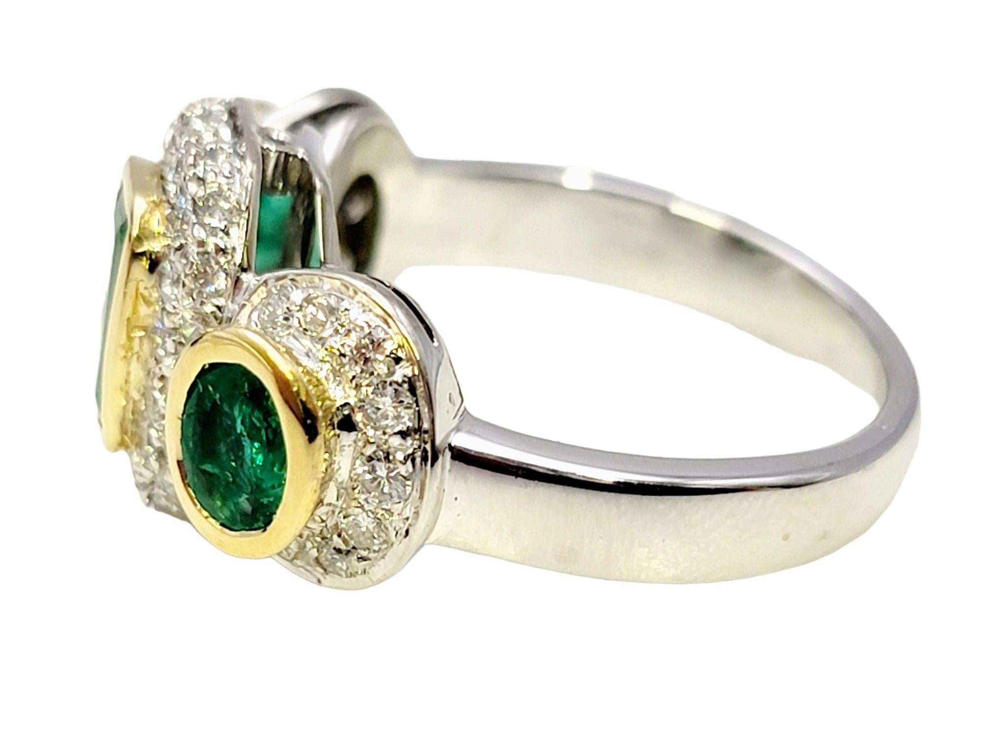 Natural Emerald Three Stone Ring with Pave Diamond Halos in 18 Karat Gold For Sale 5