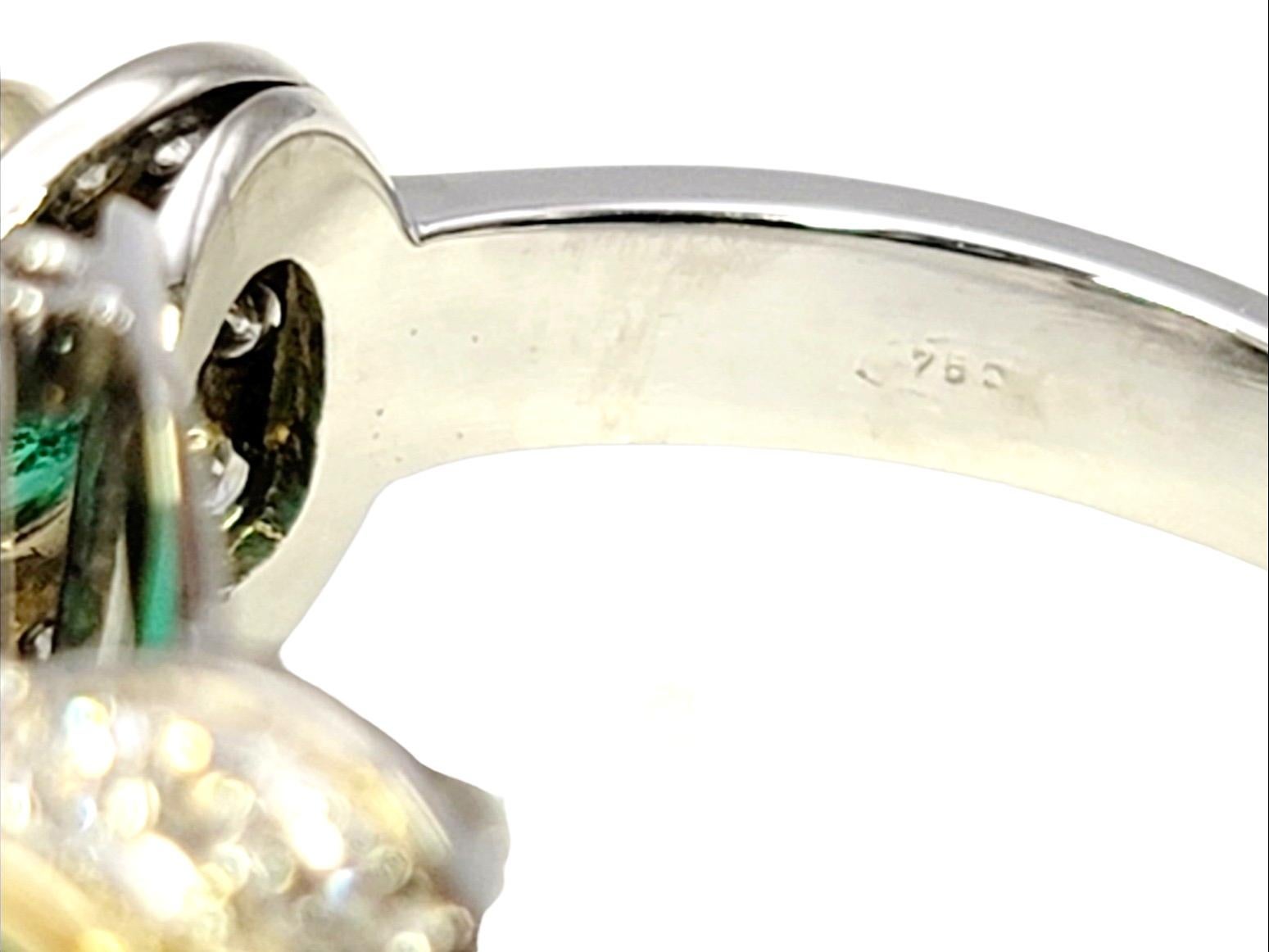 Natural Emerald Three Stone Ring with Pave Diamond Halos in 18 Karat Gold For Sale 6