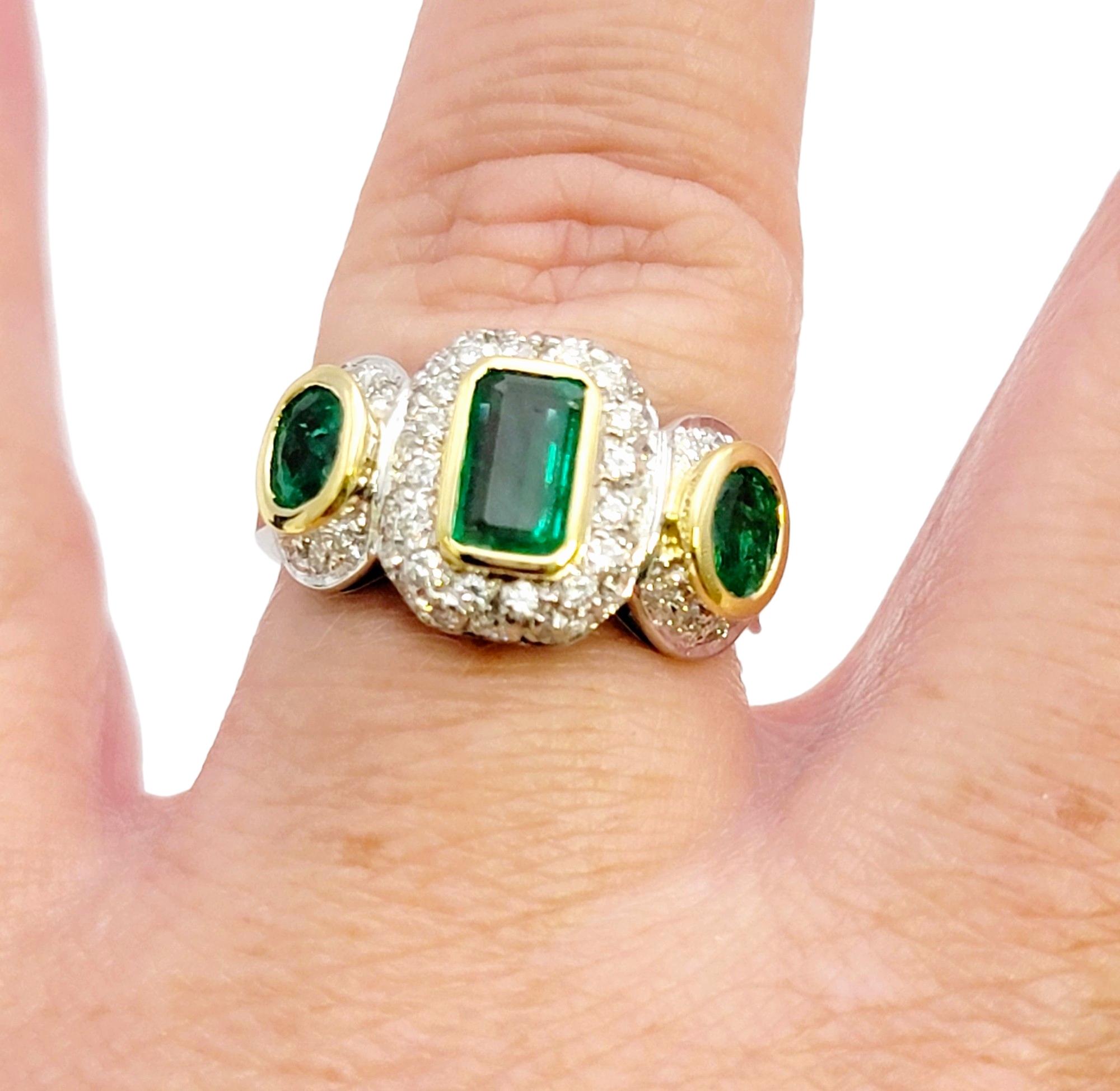 Natural Emerald Three Stone Ring with Pave Diamond Halos in 18 Karat Gold For Sale 8