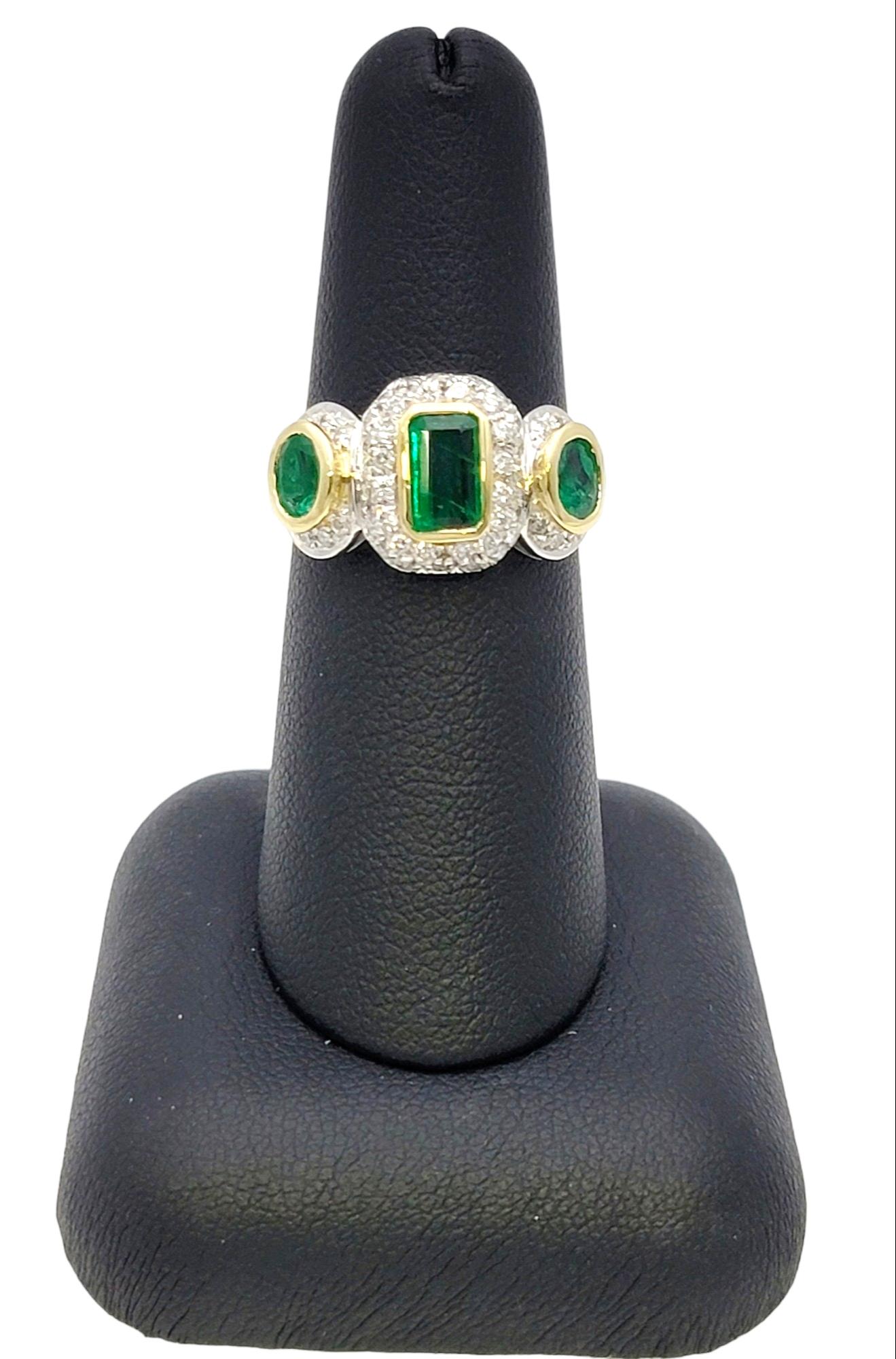 Natural Emerald Three Stone Ring with Pave Diamond Halos in 18 Karat Gold For Sale 10