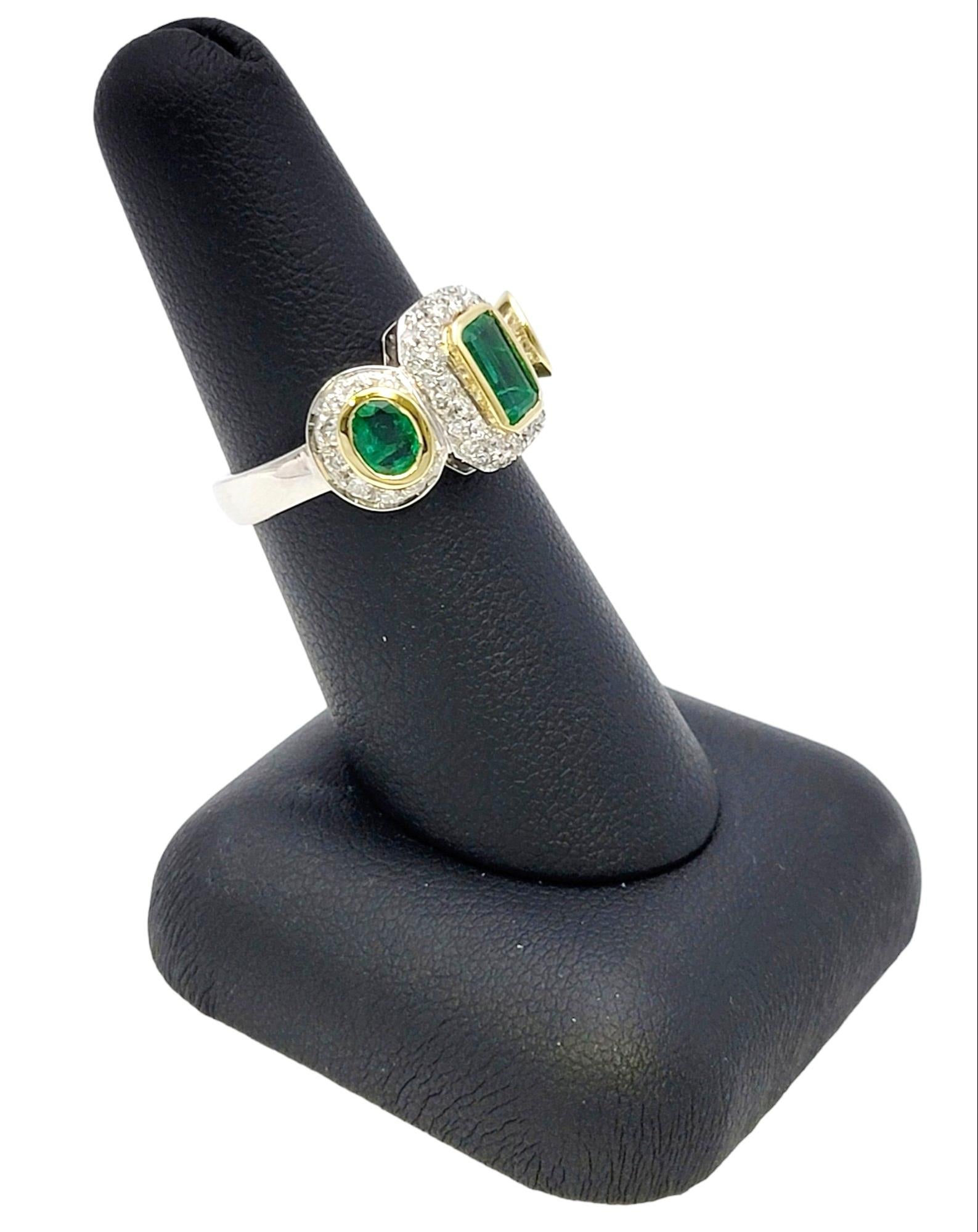 Natural Emerald Three Stone Ring with Pave Diamond Halos in 18 Karat Gold For Sale 11