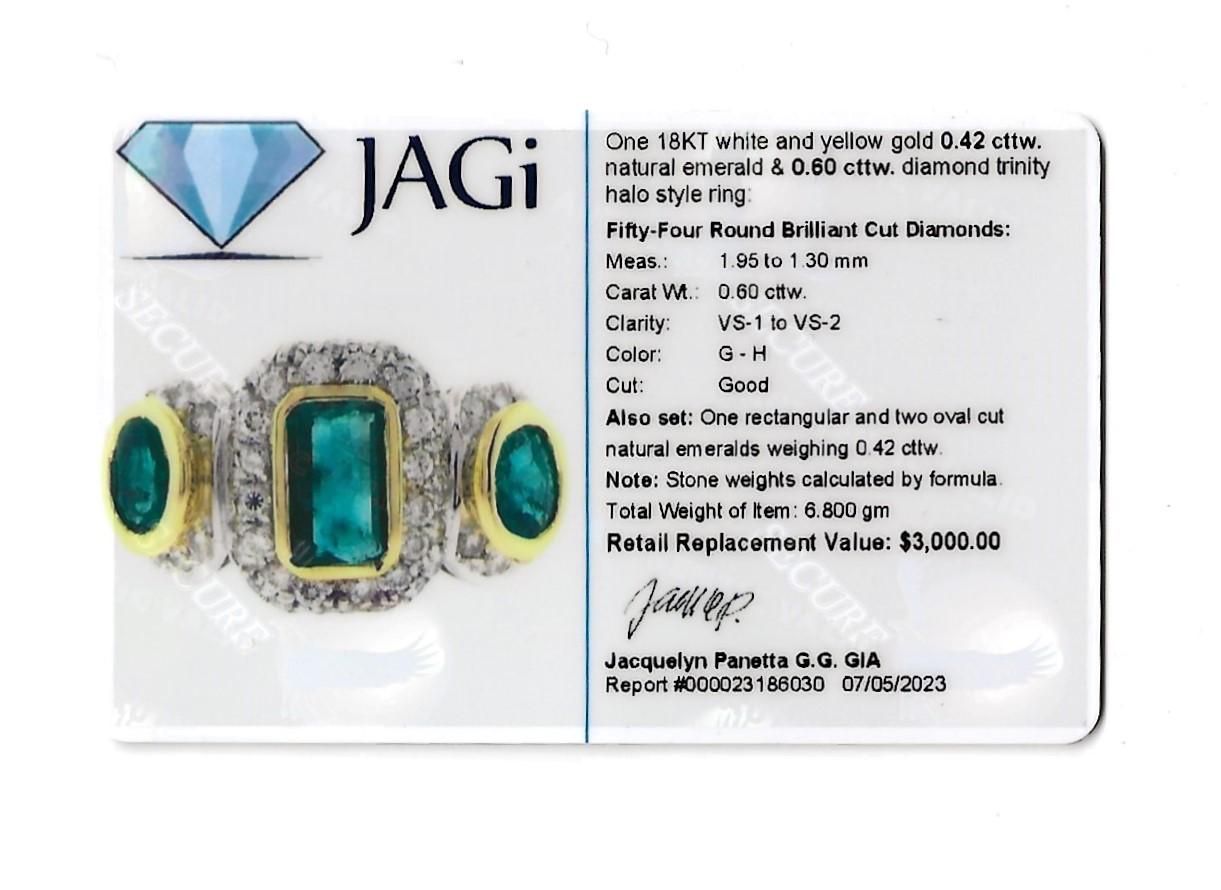 Natural Emerald Three Stone Ring with Pave Diamond Halos in 18 Karat Gold For Sale 12