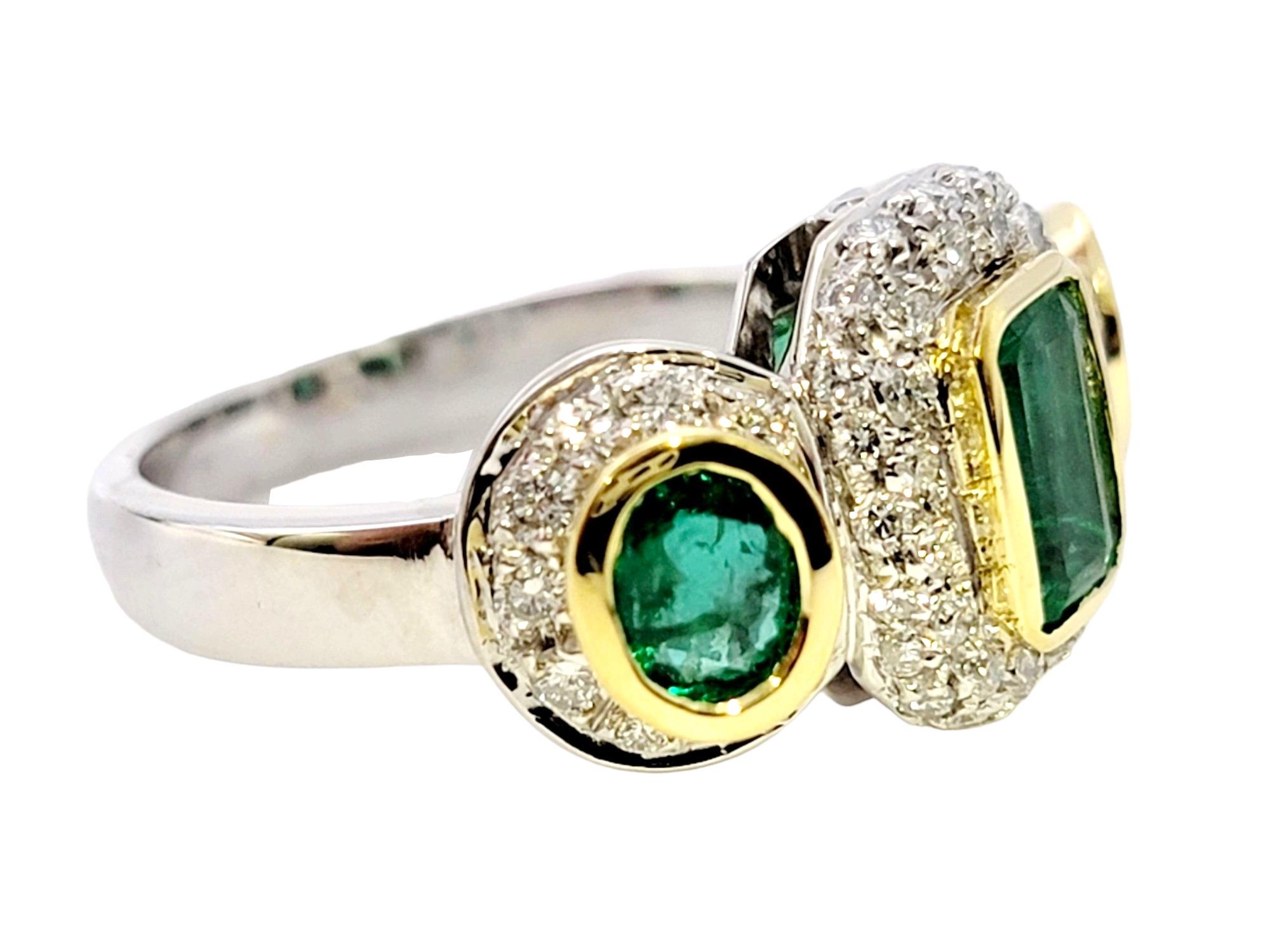 Natural Emerald Three Stone Ring with Pave Diamond Halos in 18 Karat Gold In Good Condition For Sale In Scottsdale, AZ
