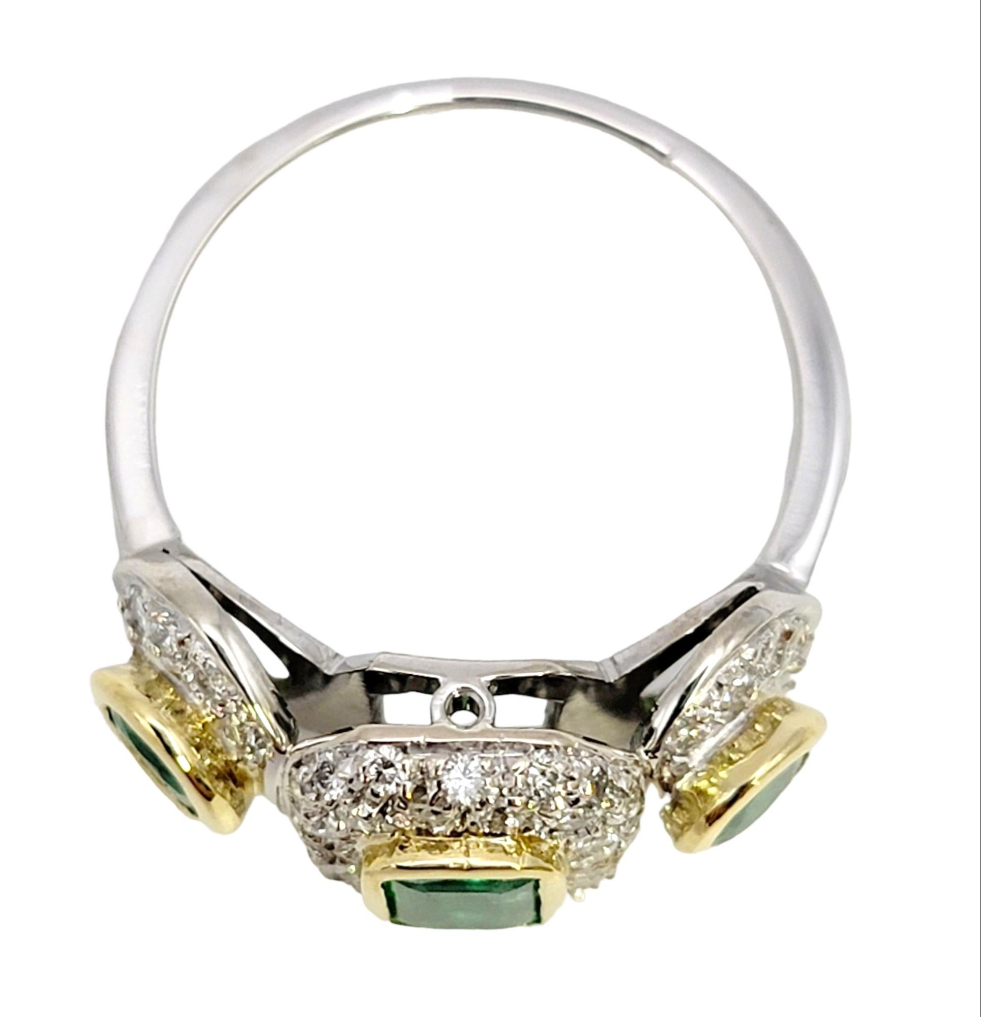 Natural Emerald Three Stone Ring with Pave Diamond Halos in 18 Karat Gold For Sale 1