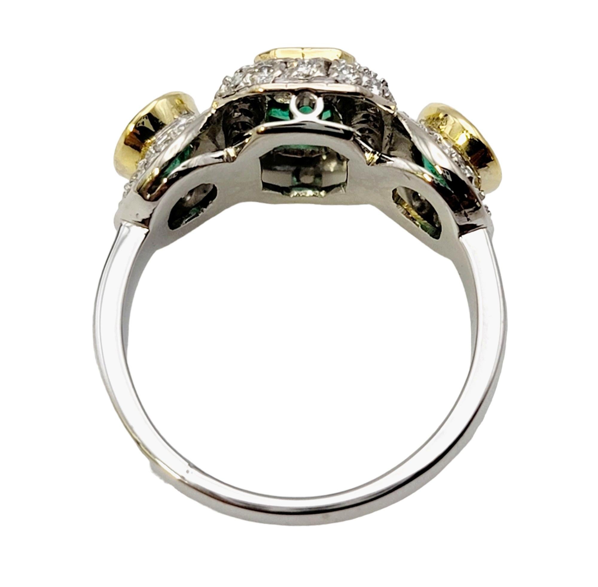Natural Emerald Three Stone Ring with Pave Diamond Halos in 18 Karat Gold For Sale 3