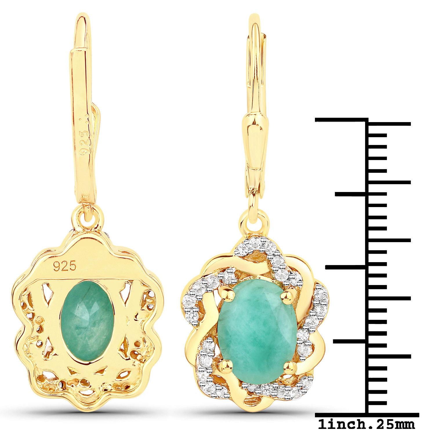Art Deco Natural Emerald & Topaz Dangle Earrings 14k Gold Plated Silver For Sale