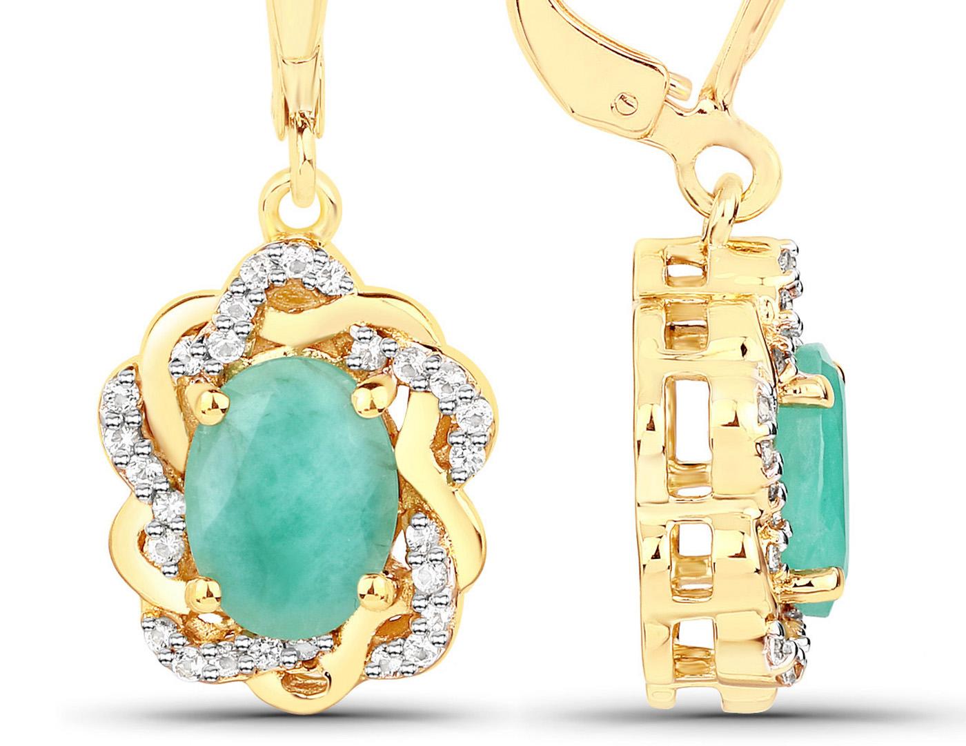 Oval Cut Natural Emerald & Topaz Dangle Earrings 14k Gold Plated Silver For Sale