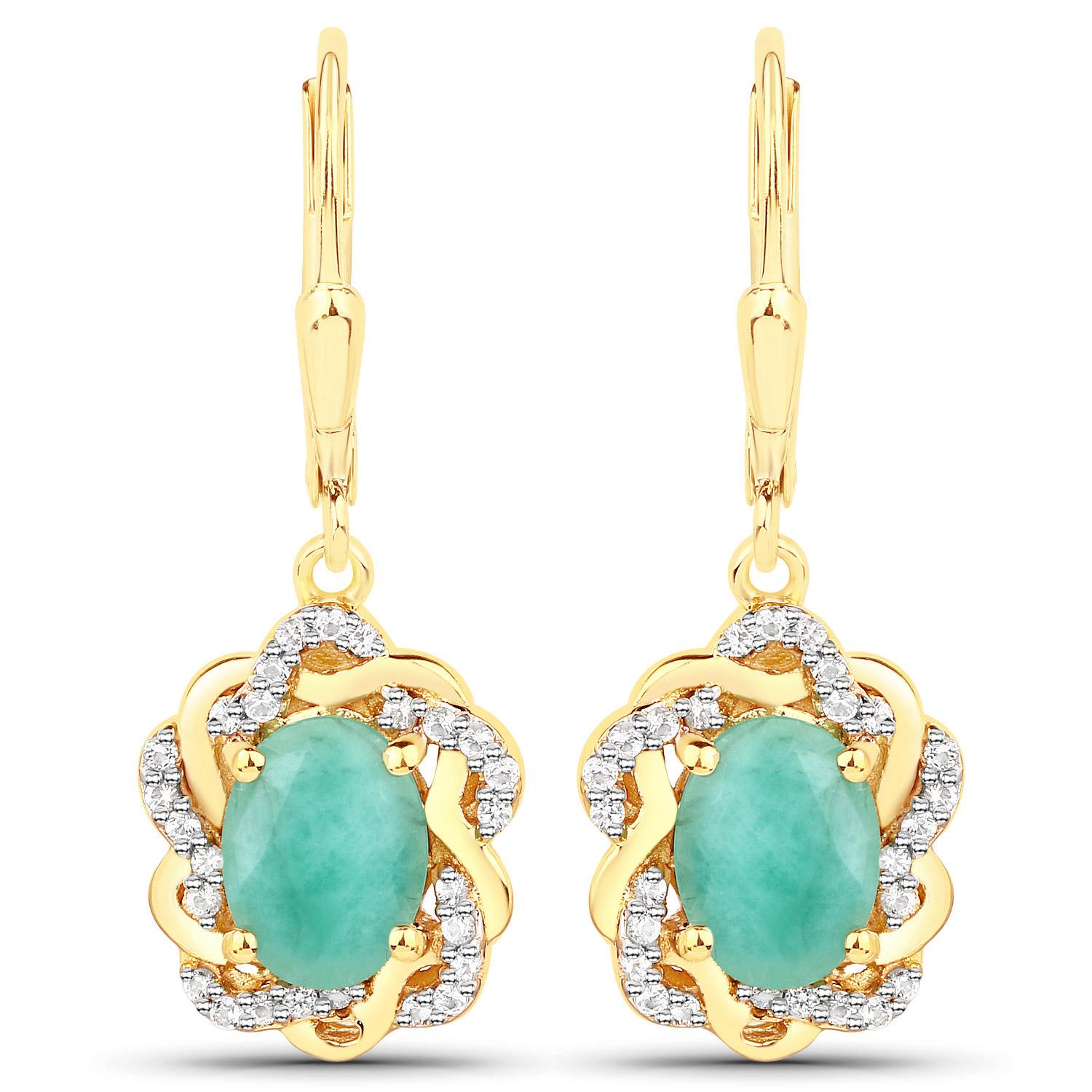 Natural Emerald & Topaz Dangle Earrings 14k Gold Plated Silver In Excellent Condition For Sale In Laguna Niguel, CA