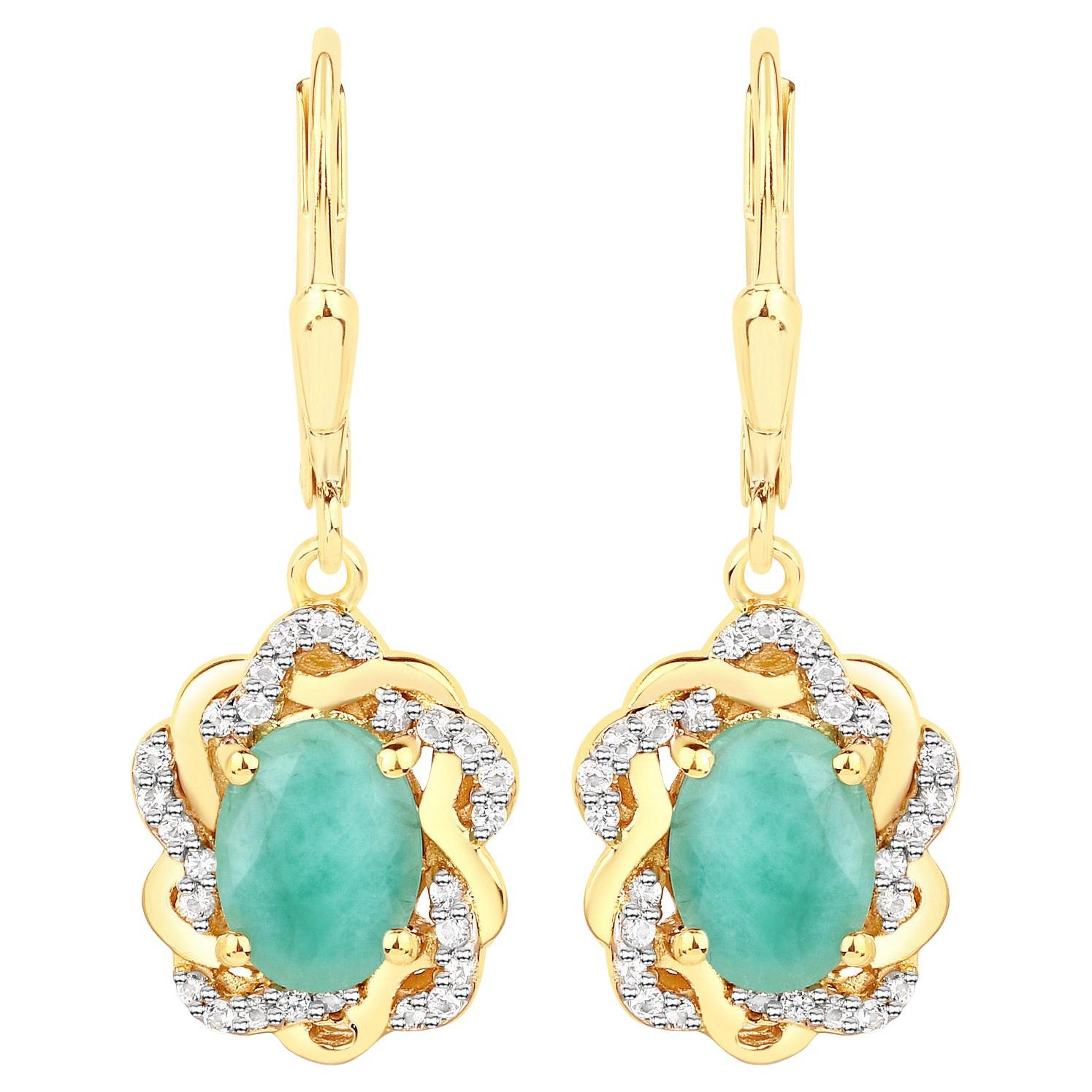 Natural Emerald & Topaz Dangle Earrings 14k Gold Plated Silver