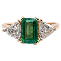 Natural Emerald Trillion Diamond Ring 14K Gold Band Three Stones