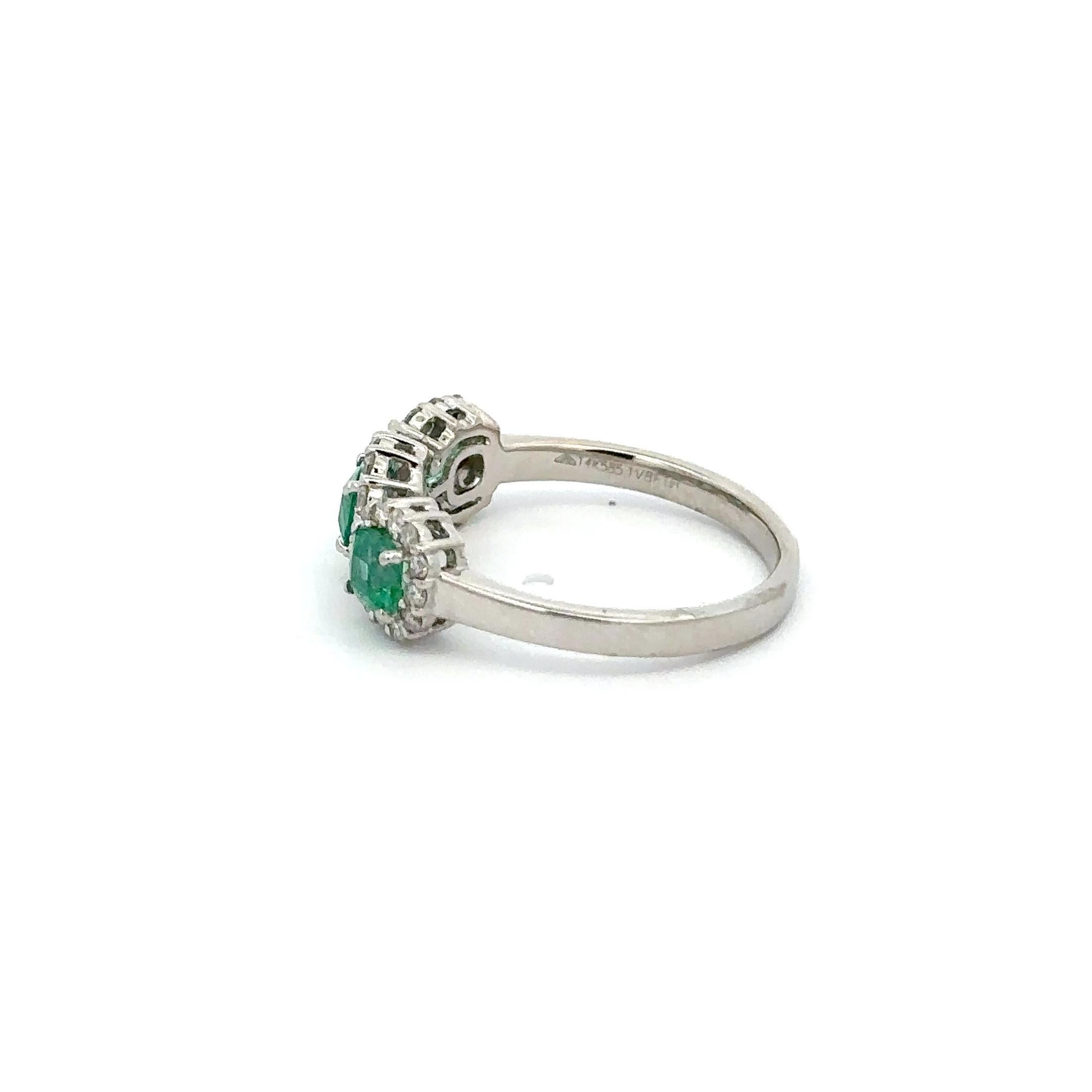 For Sale:  Halo Diamond Emerald Three Stone Ring in 14k Solid White Gold Settings 2